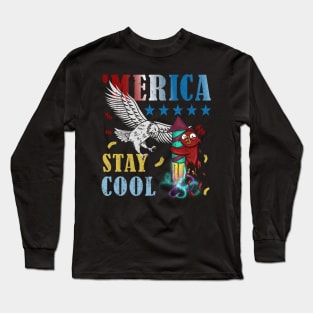 Merica Funny Eagle and Scared Parrot Fireworks Stay Cool Long Sleeve T-Shirt